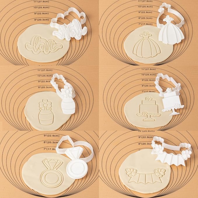 Wedding Cookie Cutters Set of 7 with Plunger Stamps Holiday Gifts Baking Cake PLA Kitchen Diamond Love Ring Shapes for Kids 3.5" Mold Supplies Biscuit Tools