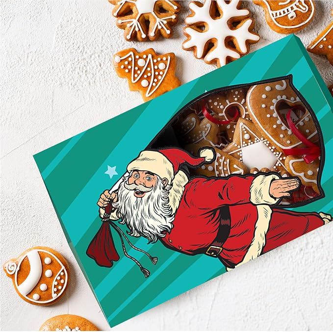 easykart labels 12 PCs Christmas Bakery Cookie Gift Box (8.75" x 5.75" x 2.75") in 3 Designs, Colorful Patterns with Window for Pastries, Cupcakes, Cookies, Brownies, Donuts, and Gift-Giving