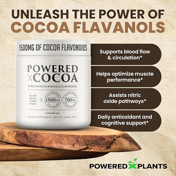 High Flavanol Cocoa Powder - 1500mg Cocoa Flavanols 12X More Epicatechin, 700MG Epicatechin Antioxidant Flavonoids - Supports Brain, Heart Health, Nitric Oxide & Circulation by Powered X Plants