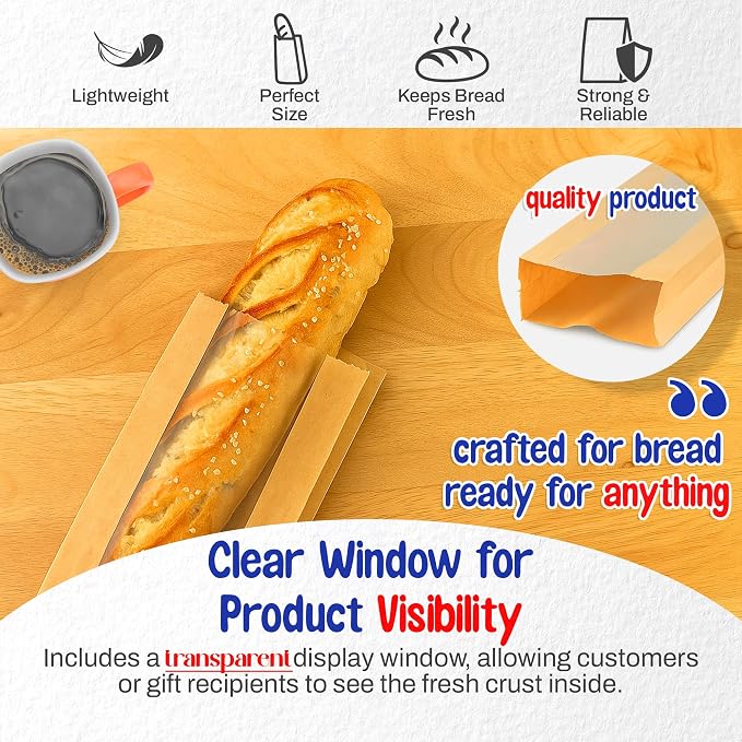 MT Products Kraft Bread Bags 6.5" x 2" x 18" - Disposable Paper Bags (Pack of 50) - Made in the USA