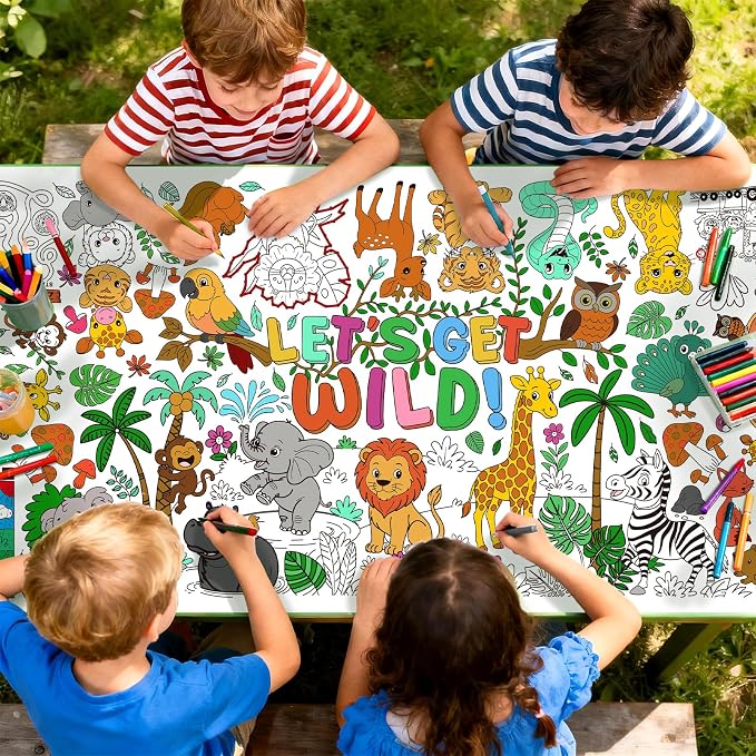 Safari Jungle Party Coloring Poster, 31.5x72" - Ideal as Safari Birthday Decorations, Kids' Coloring Table Cloth, Jungle Tablecloth for School Party & Special Events