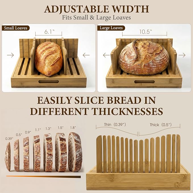 Bamboo 10.5" Bread Slicer for Homemade Bread, Adjustable Bread Cutter Board, Slicing Guide & Serving Board, 2in1 Kitchen Gadget for Sourdough, Artisan Loaves, Boules, Bagels & Cakes (20 Basket Liners)