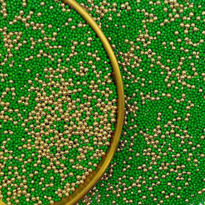 Edible Dark Green & Super Gold Sprinkles Candy 2mm Mini Pearls Cake Decorations Cupcake Toppers Cookie Decorating Perfect for Wedding Party Valentine Halloween Christmas Supplies 3OZ