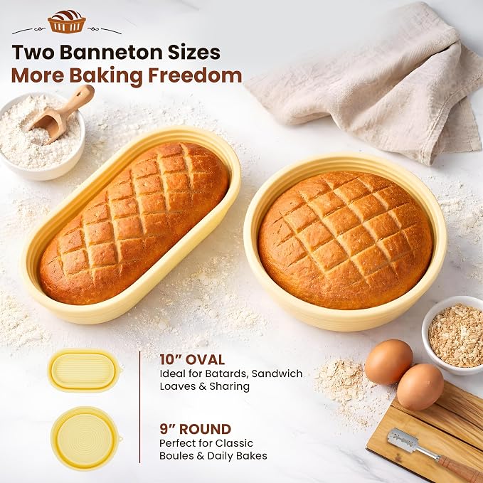 Silicone Sourdough Bread Proofing Basket – 7-Piece Complete Sourdough Starter Kit with 9" Round & 10" Oval Non-Stick Bannetons, Bread Lame, Danish Dough Whisk, Bench Scraper & Silicone Mat
