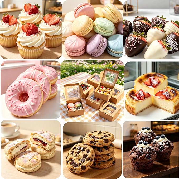 50Pcs 6x6x3 Inch Cookie Boxes With Window Boxes for Baked Goods | Brown,Food Grade Kraft,Bakery Boxes for Cookies Donuts,with Stickers and Twine,Dessert Boxes for Treats Gift Giving Party
