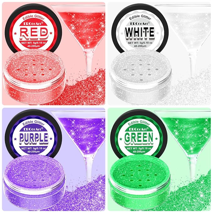 ERCorArt Edible Glitter - 4 Colors Luster Dust Edible Glitter for Cocktails, Food Grade Cake Decorating Shimmering Glitter for Drinks, Powder Glitter for Chocolate, Fondant, Drinks, Painting - 5g