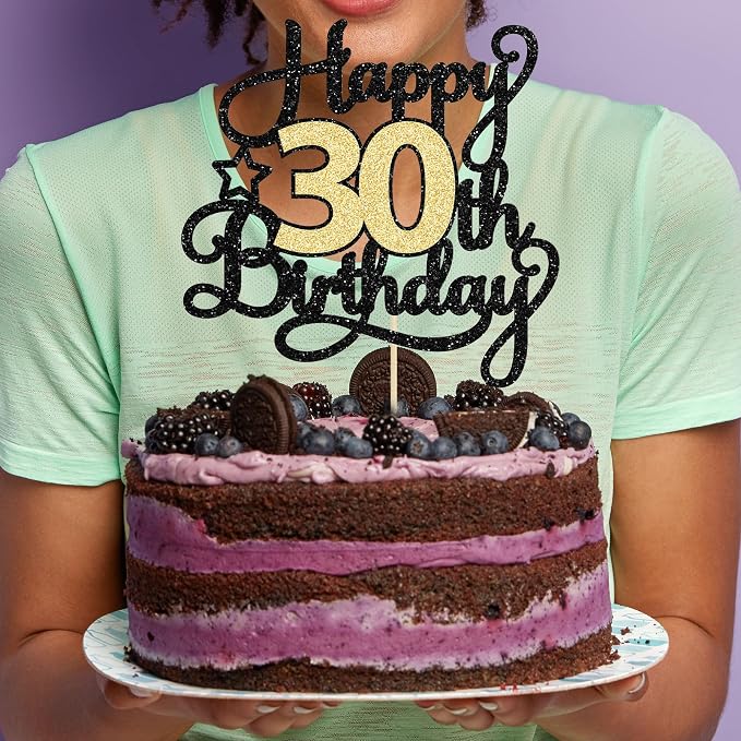 1Pc Happy 30th Birthday Cake Topper Black Gold Glitter Cheers to 30 Years Birthday Cake Pick 30 Fabulous Cake Decoration for Happy 30th Birthday Anniversary Party Cake Decorations Supplies