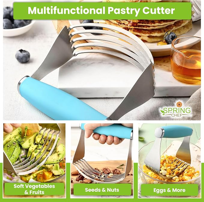 Spring Chef XL Stainless Steel Pastry Cutter Tool for Baking - Heavy Duty Dough Blender - Butter & Dough Cutter Tool with Sharp Blades - Pastry Blender for Easy Mixing - Dishwasher Safe - Aqua Sky