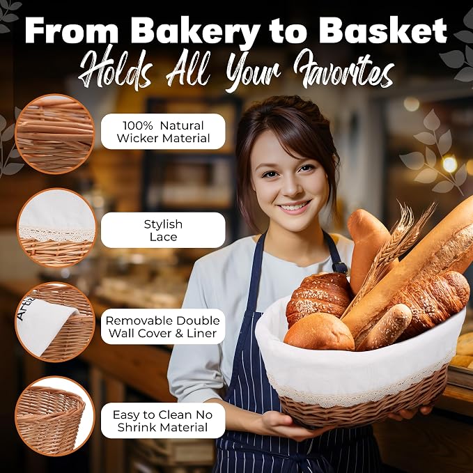 Large Wicker Bread Basket with Removable Linen Liner and Cover - Handmade Rattan Bread Serving & Storage Basket 12"x9" Keeps Bread Warm & Fresh - Perfect Housewarming Gift