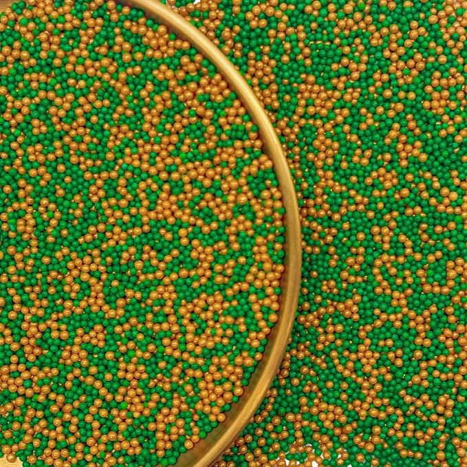 Edible Dark Green & Gold Sprinkles Candy 2mm Mini Pearls Cake Decorations Cupcake Toppers Cookie Decorating Perfect for Wedding Party Valentine Halloween Christmas Supplies 3OZ