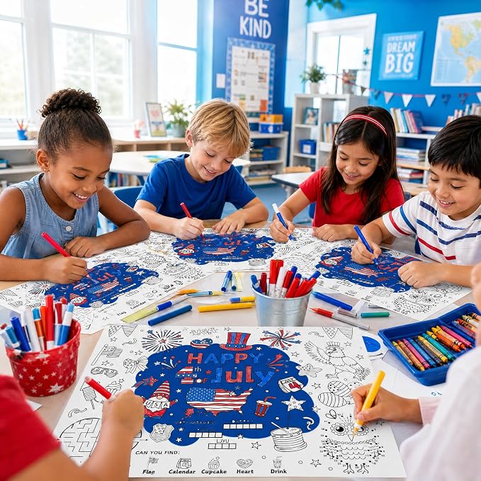 45pcs 4th of July Disposable Coloring Placemats Independence Day Crafts for Kids Patriotic Party Favors Coloring Poster American Flag Fireworks Activity Church Supplies Paper Table Mats