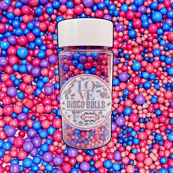Confect Love Disco Balls Sprinkle Mix – Pink, Blue & Purple Pearl Candy Balls for Cake Decorating, Cupcakes, Cookies & Desserts – Edible Sprinkles Topping | Vegan, Gluten-Free, Nut-Free, Soy-Free, Dairy-Free, Palm Oil-Free- 4.2 Oz