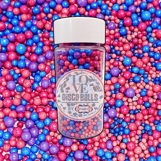 Confect Love Disco Balls Sprinkle Mix – Pink, Blue & Purple Pearl Candy Balls for Cake Decorating, Cupcakes, Cookies & Desserts – Edible Sprinkles Topping | Vegan, Gluten-Free, Nut-Free, Soy-Free, Dairy-Free, Palm Oil-Free- 4.2 Oz