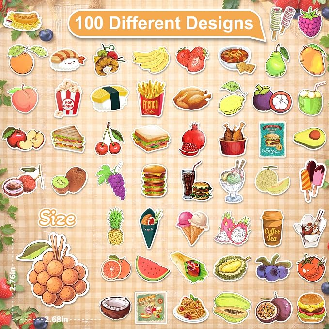 100 Pcs Food Fruit Stickers for Kids Teens Water Bottles Laptops Scrapbook Decoration Party Favors Classroom Rewards Cute Vegetable Snack Waterproof Vinyl Decals