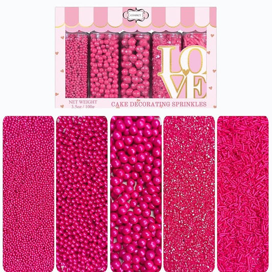 Confect Crimson Pearl Sprinkles | Assorted 5-Pack Pink Edible Sprinkles Mix with Dragees, Jimmies & Sparkling Sugar for Cake & Cupcake Decoration, Perfect for Birthdays & Parties | Vegan, Gluten-Free, Nut-Free, Soy-Free, Dairy-Free , Handcrafted Sprink...