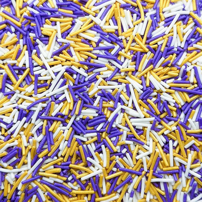 SE Si&Moos Gold Purple and White Jimmies Sprinkles Gold and Purple Halloween Sprinkles for Cake Decorating Edible Crunchy Jimmies for Topping Ice Cream, Cookies, Cakes, Cupcakes, Dessert Decorating 3 OZ