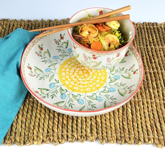 Ceramic Ramen Bowl Set | Ella Collection by Euro Ceramica | Salad Soup Ramen Bowl 2 Sizes Included with Chopsticks | Microwaveable Bowl for Ramen, Noodles, Pho, and Udon - Red Floral Design