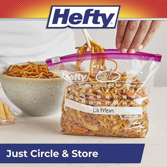 Hefty Calendar Slider Quart Storage Bags, 40 Count (Pack of 4), Quart Slider Bags with Calendar Dates, Holds Raw Meat, Cheese, Fruits, Veggies, and More, Secure Zip and Click Closure, 160 Bags