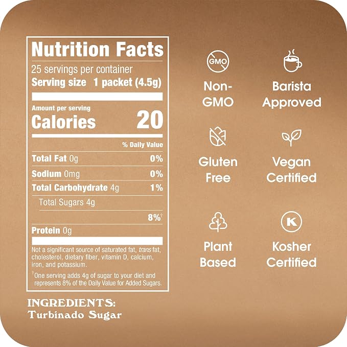 Sugar In The Raw Turbinado Cane Sugar Packets, 25 Ct Box, 12 Pack, Pure, All-Natural Turbinado Sugar, Non-GMO Project Verified, Kosher, Vegan and Gluten Free