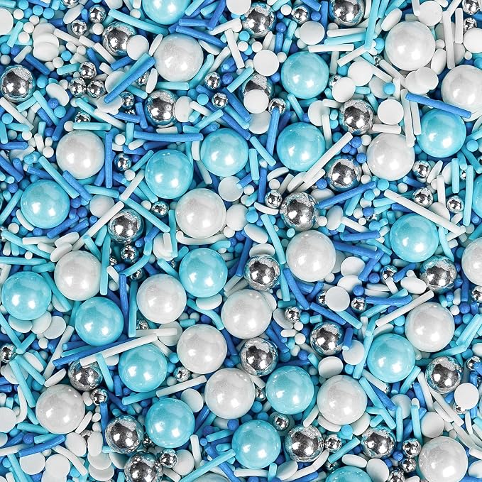 Edible Blue Silver White Sprinkles,Winter Jimmies Pearls Mix,130g/4.58oz,Perfect for Cake Decorations,Cake and Cupcake Sprinkles with Assorted Shapes and Sizes for Parties Baking,Ice Cream,Cookies,Cupcake Topper,Baby Shower Party Decorating Supplies