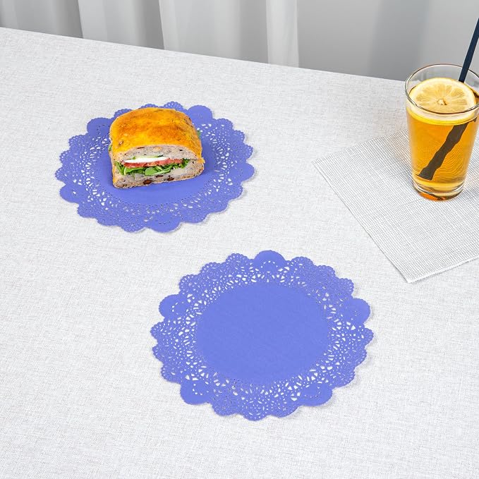 Restaurantware-Pastry Tek 8 x 8 Inch Paper Lace Doilies, 100 Round Disposable Table Doilies - Elegant Lace Finish, Long Lasting, Purple Paper Lace Doilies, for Pastries, Cupcakes, Desserts