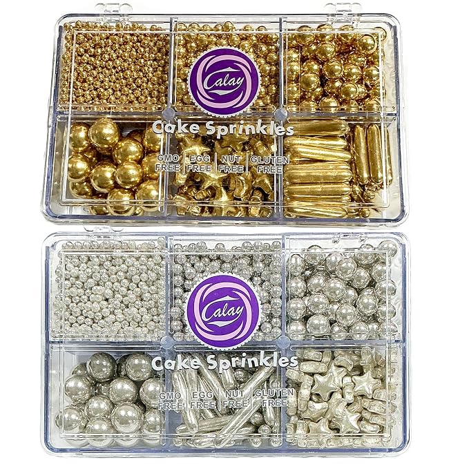 Homipooty Gold and Silver Sugar Sprinkles 260g/9.16oz Edible Gold and Silver Pearl Star Sugar Sprinkles for Cake Decorating Wedding，Cookies，Ice Cream, Cupcake Toppers, Christmas Supplies