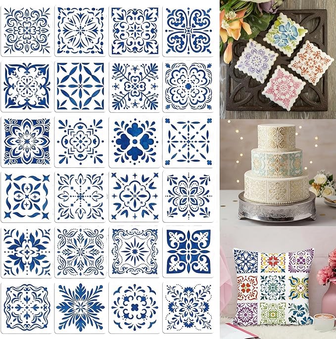 24 Pack Scroll Tile Stencils, 4 Inch Reusable Moroccan Scroll Tile Stencils for Painting Floors, Walls, Furniture, Crafts, Cake Decorating - Azulejo Tile Pattern Templates for DIY Home Decor & Baking