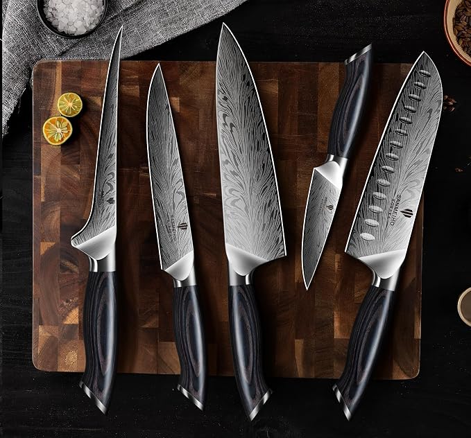 5PCS Knife Set, Kitchen Knife Sets in Powder Steel, Ultra Sharp Japanese Knives Set High Carbon Steel Chef Knives Sets, Cooking Knives Set with Ergonomic Pakkawood Handle