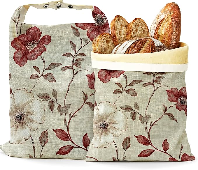 Red Floral Bread Bags for Homemade Bread, Vintage Garden 2 Pack Linen and Beeswax Sourdough Storage Bags, Reusable Keeper, Keeps Breads Fresh Longer, Gifts for Bakers