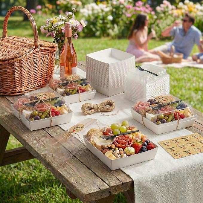 Leafiew 50 Pack Small Charcuterie Boxes with Clear Lids and Forks - To Go Paper Mini Charcuterie Box, Disposable Food Containers, 5Inch Dessert Boxes for Cookie, Cake Slice, Strawberries (White)