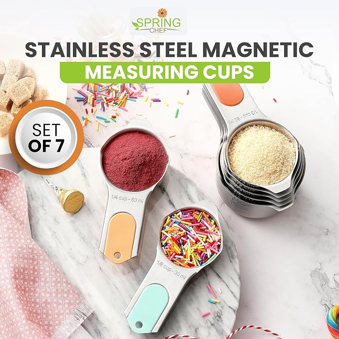 Spring Chef Stainless Steel Magnetic Measuring Cups, Set of 7 & Heavy Duty Magnetic Measuring Spoons, Set of 8 with Leveler - 2 Product Bundle - Desert Sunset