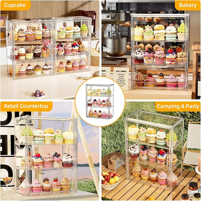 3 Tier Cupcake Stand Acrylic Cardboard Cupcake Tower Holder, Dessert Pastry Cookie Display Stand Case with Lid for Birthday Wedding Party Decoration, Large Adjustable Bread Box, M