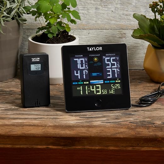 Taylor Digital Wireless Deluxe Indoor Outdoor Thermometer, Weather Station Forecaster, Calendar with Clock, Easy-to-Read Display for Home, Office, Greenhouse, Nursery, and Indoor Areas, LCD, Black