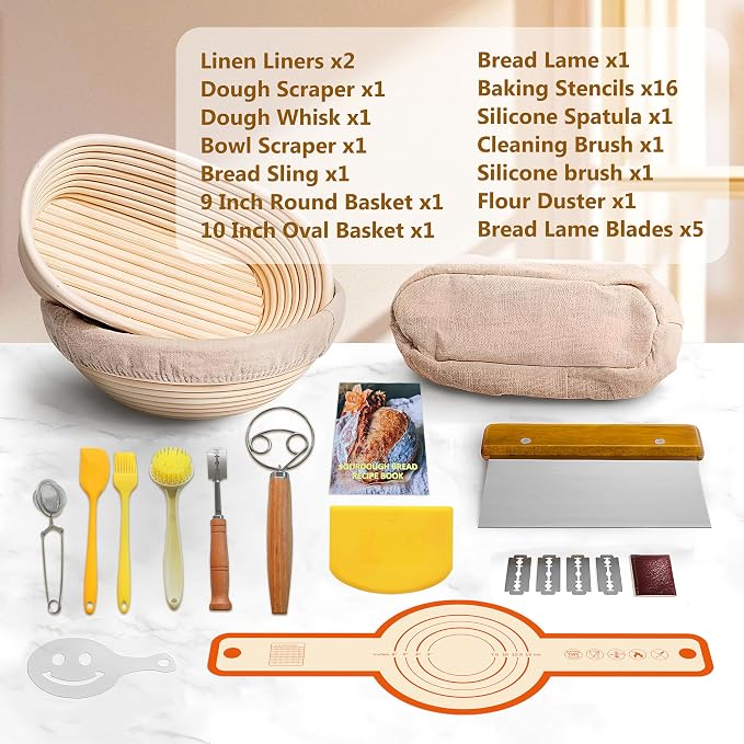 14Pieces Banneton Bread Proofing Basket Set - 10" Oval & 9" Round Sourdough Starter Kit with Lame, Dough Whisk, Scraper, Sling & Baking Tools | Artisan Bread Baking Supplies for Homemade Loaves