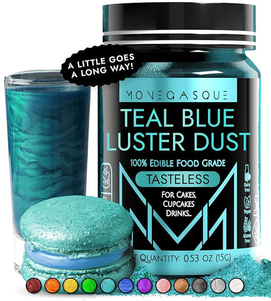 MONÉGASQUE Teal Blue Edible Glitter for Drinks 15g – Edible Glitter for Cakes & Cocktails Shimmer – Cocktail, Cake, & Cupcake Luster Dust Spray – Teal Food Coloring & Drink Decorations Sprinkles
