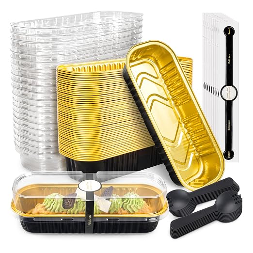 NPLUX 50 Pack Mini Cake Pans with Lids and Spoons Black Gold Rectangular Aluminum Foil Baking Pans Mini Cheesecake Containers, Graduation Gifts Party Favors(6.8oz)