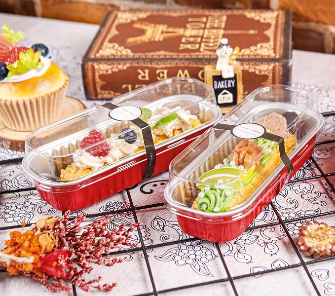 NPLUX Mini Loaf Pans with Lids and Spoons Rectangular Aluminum Foil Baking Pans Mini Cheesecake Containers 6.8oz(60 Pack, Red)