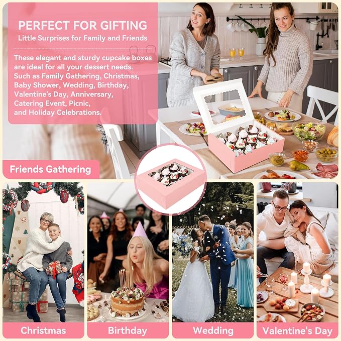 3-Set Cupcake Boxes Bulk with Clear Display Window Hold 12 Standard Cupcakes, Disposable Food Grade Pink Cupcake Carrier Cupcake Container, Perfect for Cupcakes Muffins Cookies Pastries