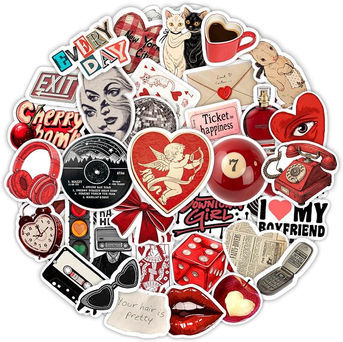 100Pcs Red Aesthetic Stickers - Cool Y2K Stickers for Water Battle, Laptop - Downtown Girl Party Supplies, Decoration