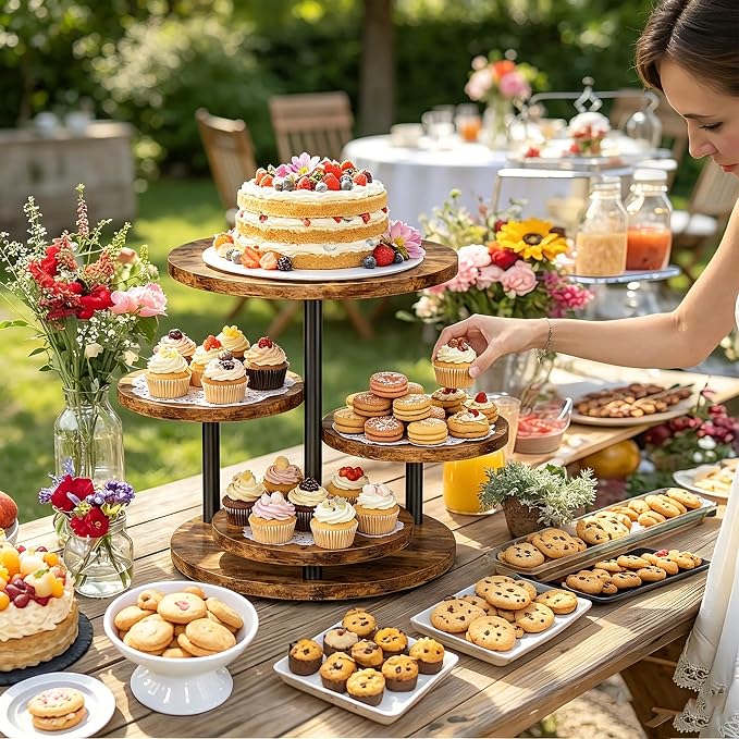 4 Tier Rotating Wooden Cupcake Tower Stand, Round 360° Rotatable Dessert Tiered Tray Display Holds 50 Cupcakes, Farmhouse Cake Cookie Stand for Wedding Birthday Baby Shower Tea Party Dessert Table