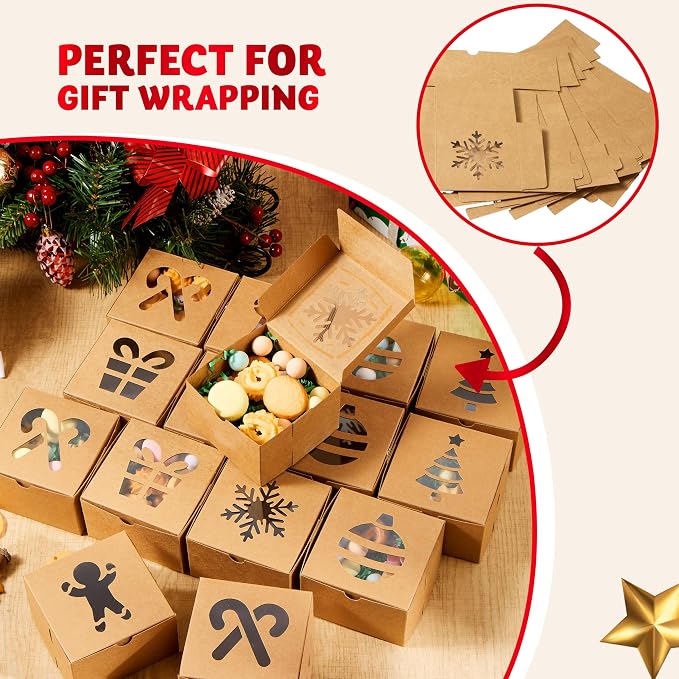 JOYIN 36 PCS Christmas Cookie Boxes for Gift Giving, Brown Bakery Treat Boxes with Window, 4" x 4" x 2.5" Gift Wrap Box for Xmas Holiday Party Favor Pastries, Cupcakes, Donuts, Brownies, Donuts