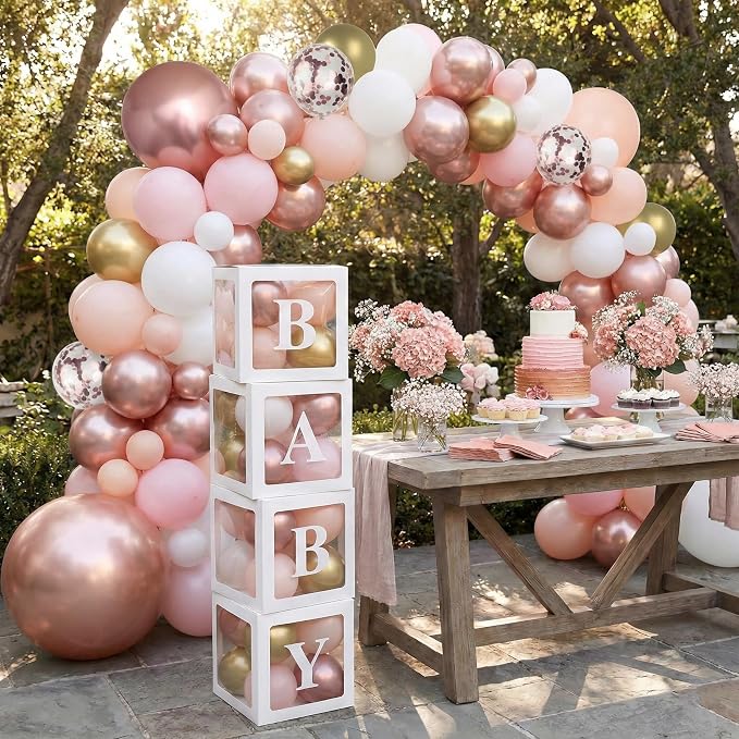 144Pcs Rose Gold Baby Shower Decorations for Girl - Pink Balloon Garland Arch Kit with 4 Baby Boxes - Metallic Gold Confetti Balloons for Princess Birthday, Bridal Shower Background