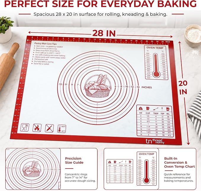 XL Silicone Pastry Mat for Baking, Extra Large 28x20 in, Non-Stick & Non-Slip Dough Mat for Rolling Out with Measurements, Bread, Pizza, Pie Crust, Cookies, Fondant,Oven Safe, Dishwasher Safe (Red)