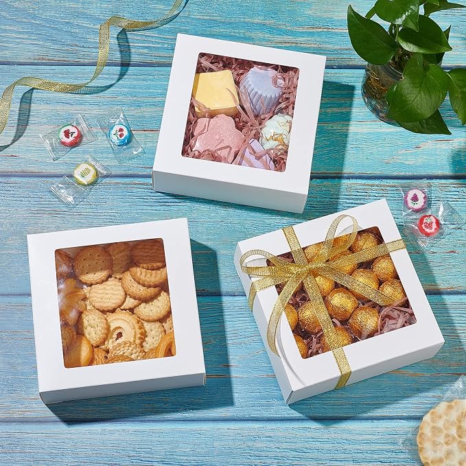 BENECREAT 16Packs 5.5x5.5x2inch Clear PVC Square Window Gift Boxes, White Kraft Paper Present Boxes for Wedding Favor, Festival Gift Packaging, Chocolates, Cookies Small Crafts