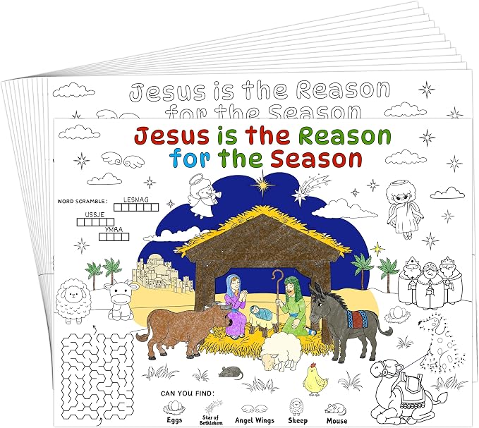 45pcs Nativity Coloring Placemats for Kids Disposable Bible Coloring Poster Christmas Xmas Gifts School Classroom Activities Paper Table Mats