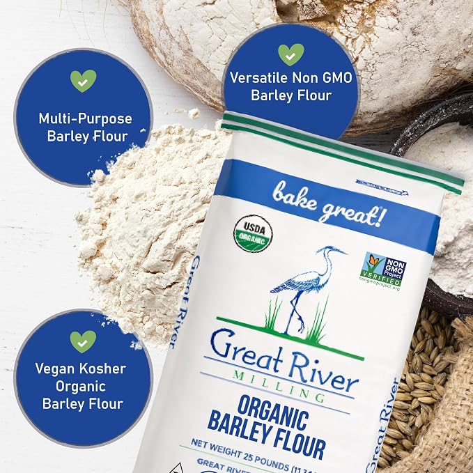 Great River Milling Organic Barley Flour | Unbleached, Unbromated, Non-GMO, Kosher | High Fiber, Nutty Flavor Perfect for Breads, Pancakes, & More | 25 Lb