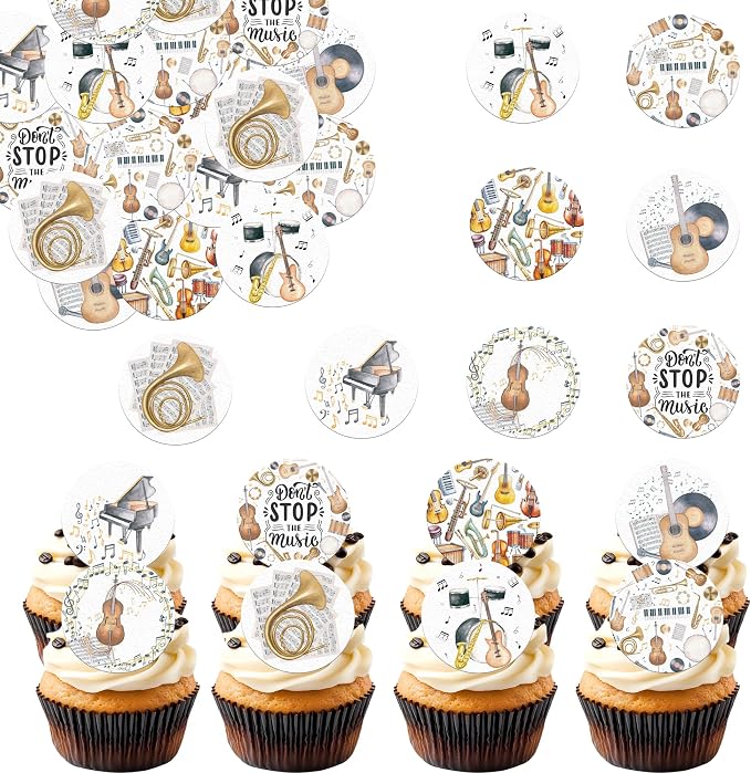 36PCS Edible Musical Instrument Cupcake Toppers Wafer Paper Music Symbol Cake Picks Music Concert Cake Topper Guita Piano Violin Cupcake Picks for Concert Theme Party Decor (Musical)