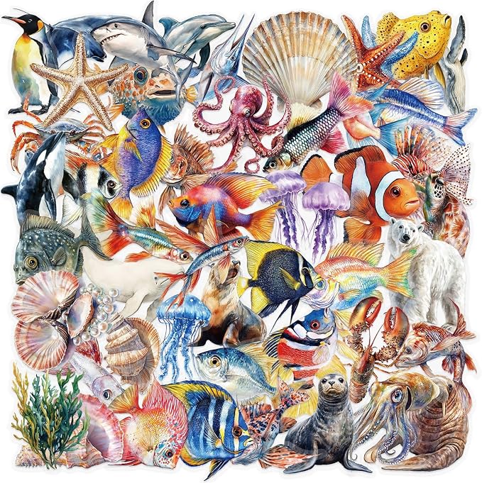 50pcs Marine Organism Transparent PET Stickers for Journaling Supplies, Lovely Sea Fish Sticker for Scrapbooking, Skateboard, Bicycle, Water Cup, Gift for Teenagers(colourful-B12)