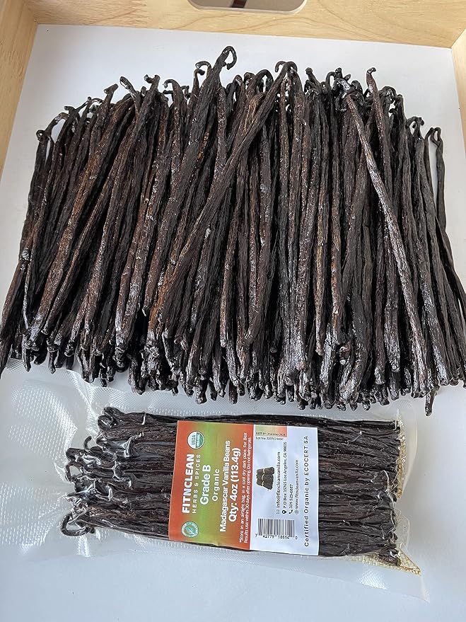 4oz Madagascar Vanilla Beans Organic Grade B. 5"-7" by FITNCLEAN VANILLA for extract, Cooking and Baking| 1/4Lb Whole NON-GMO Pods. Certified USDA Organic.
