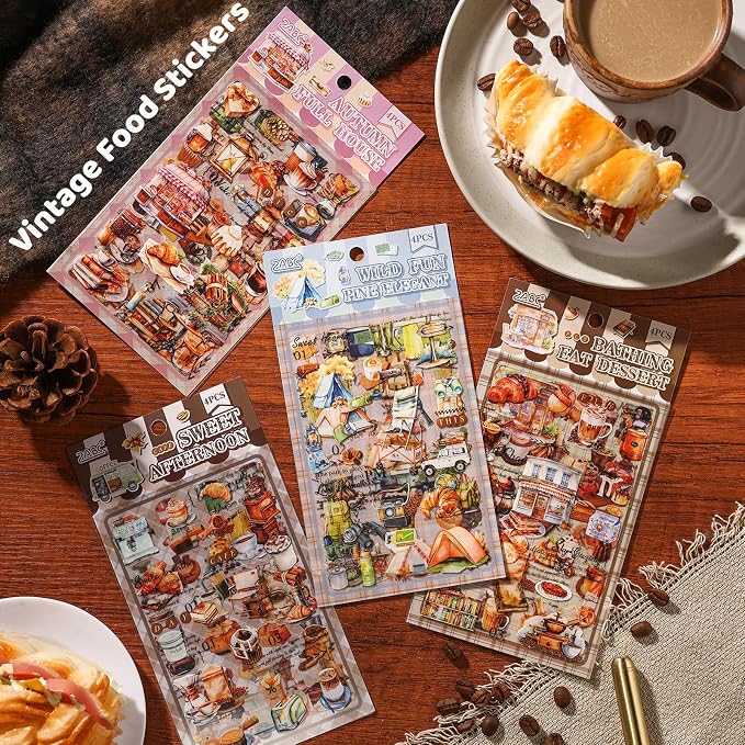 Vintage Food Stickers for Scrapbooking – 320+ Transparent PET Dessert, Coffee, Cake & Bread Stickers for Journaling, Junk Journal Supplies, Kids DIY Crafts, Baking & Camping Decoration